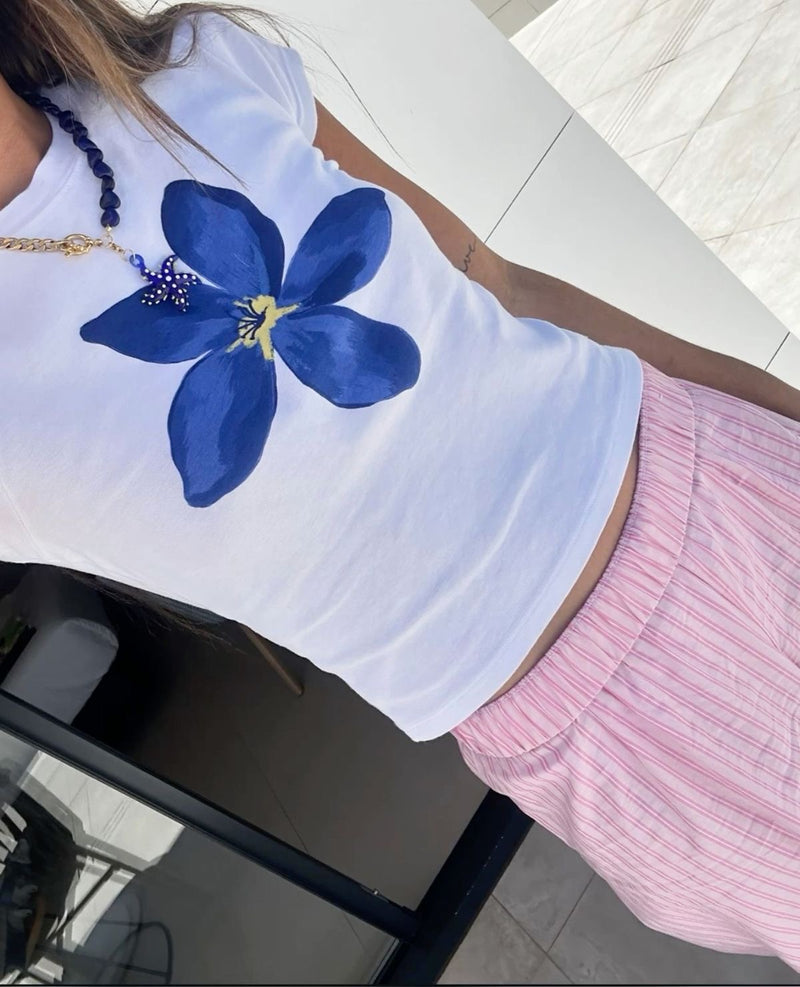 Big Blue Flower Short Sleeve Crop
