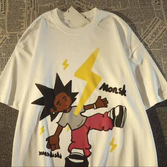 White Cartoon American Printed Short Sleeve Oversized T-Shirt