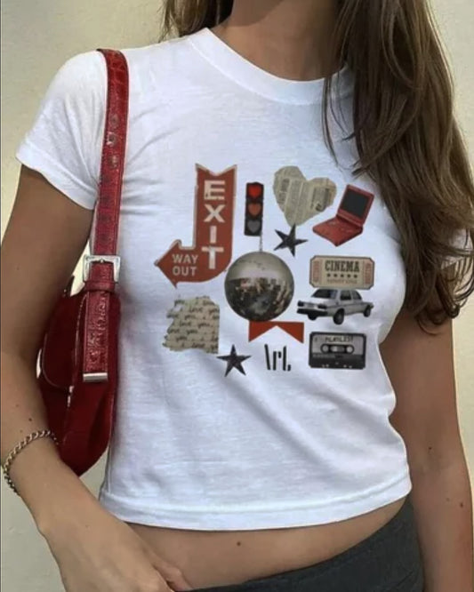 White Collage Of Signs Short Sleeve Crop