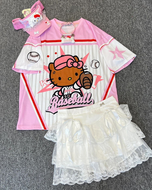 Pink & Brown Baseball Hello Kitty Oversized Unisex Jersey