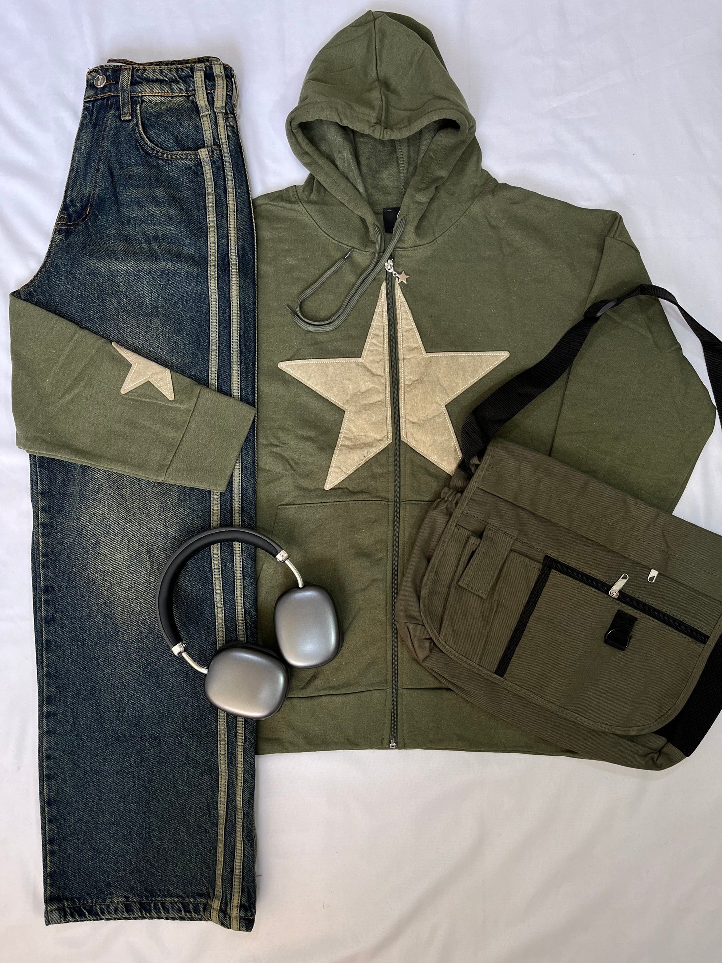 Two Colors Raised Sleeve Detail Star Oversized Jacket