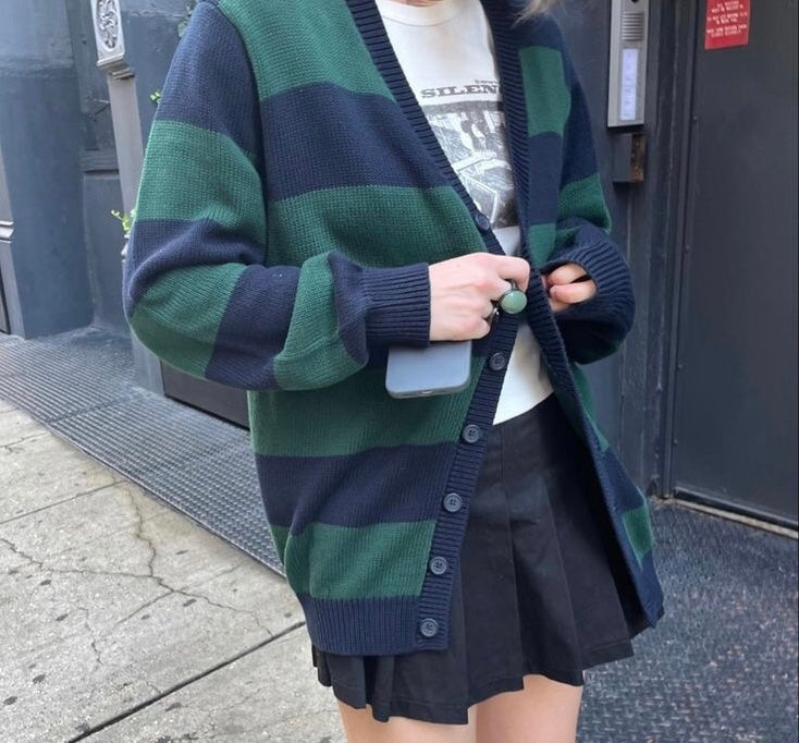 Navy Blue x Green Oversized Cardigan