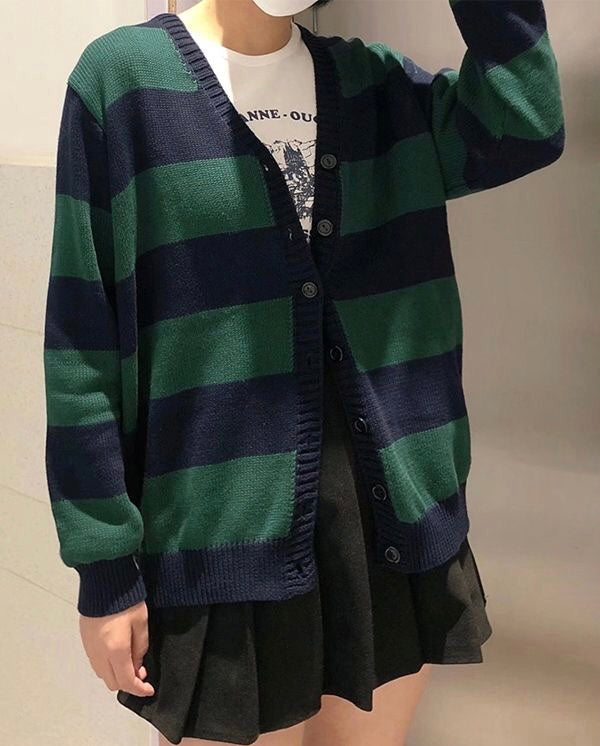 Navy Blue x Green Oversized Cardigan