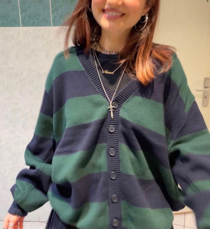 Navy Blue x Green Oversized Cardigan