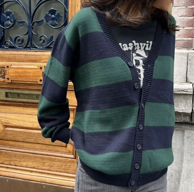 Navy Blue x Green Oversized Cardigan