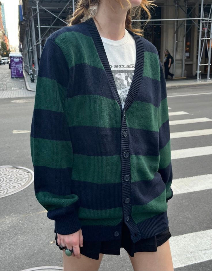 Navy Blue x Green Oversized Cardigan