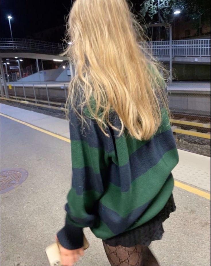 Navy Blue x Green Oversized Cardigan