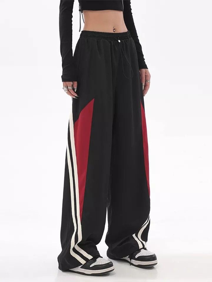 Black & Red Y2K Parachute Trackpants