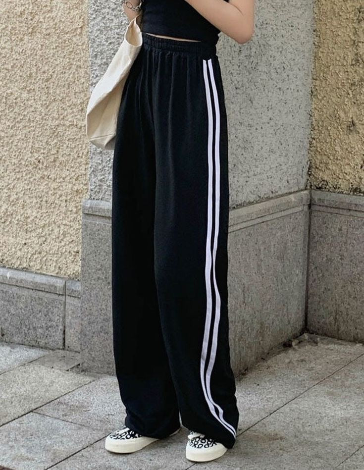 Black Double Stripe Wide Leg Sweatpants