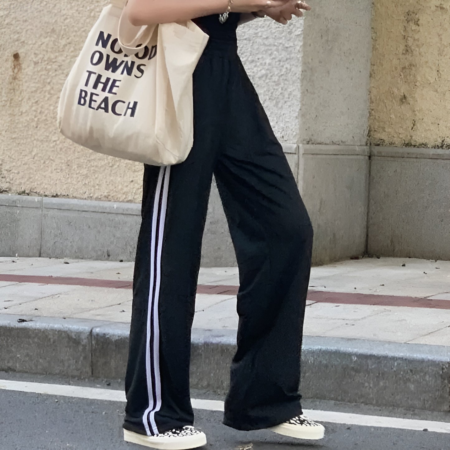 Black Double Stripe Wide Leg Sweatpants