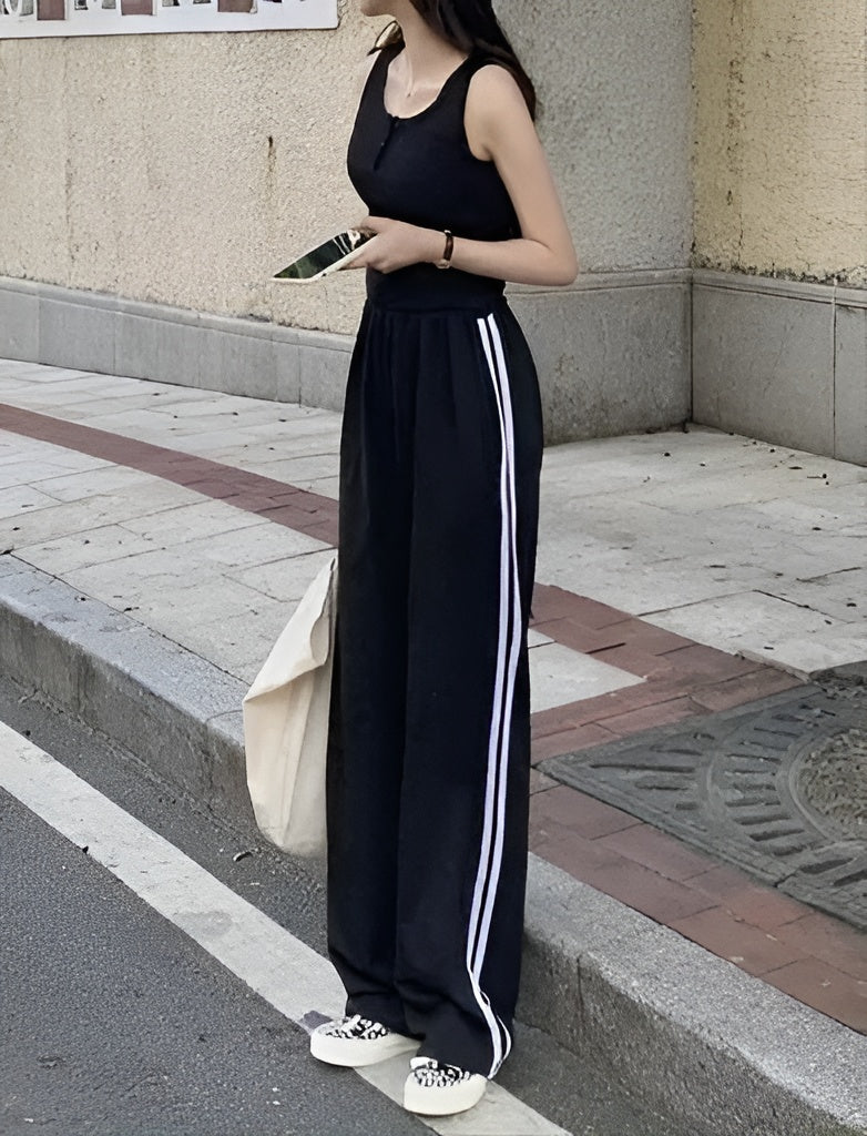 Black Double Stripe Wide Leg Sweatpants