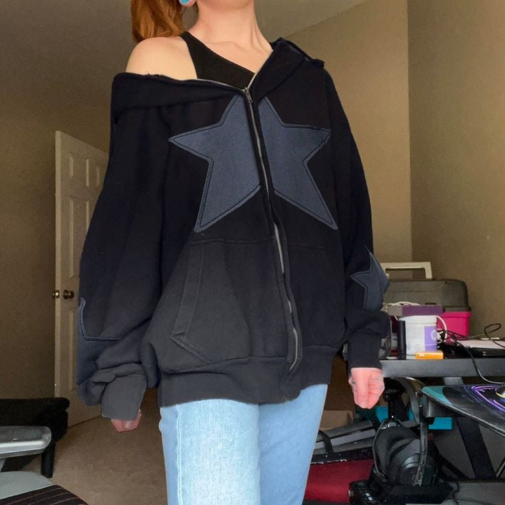 Two Colors Raised Sleeve Detail Star Oversized Jacket