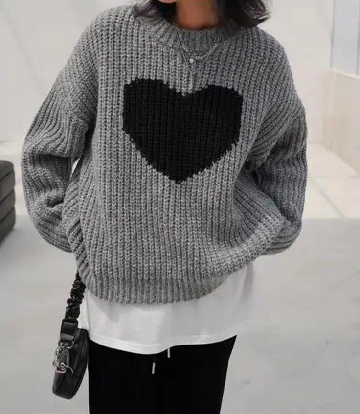 Gray Harajuku Vintage Heart Oversize Sweater