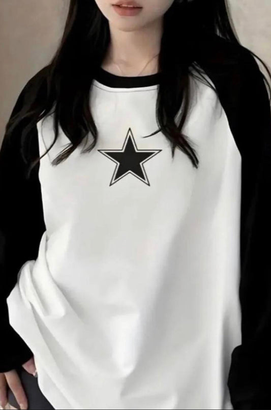 White-Black Unisex Retro Star Long Sleeve Shirt