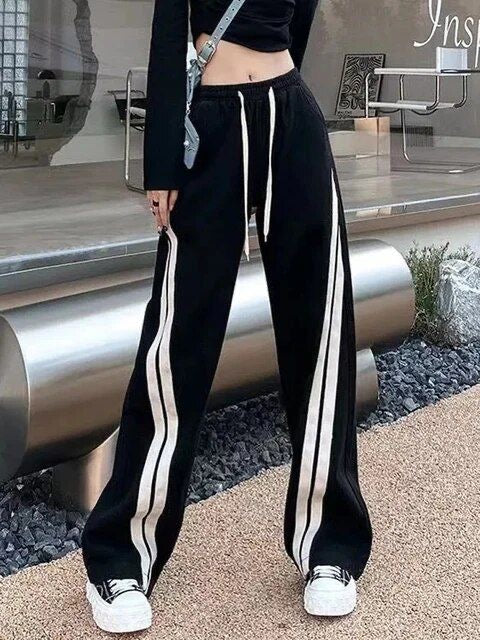 Black Y2K Vintage Stripe Detailed Wide Leg Sweatpants