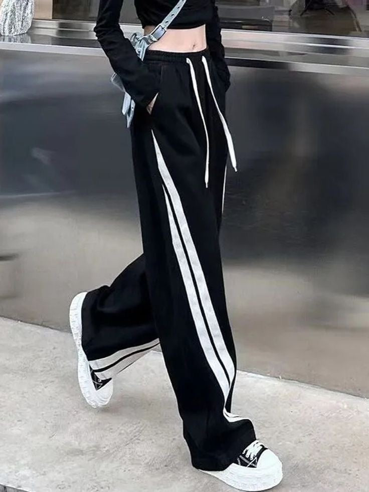 Black Y2K Vintage Stripe Detailed Wide Leg Sweatpants