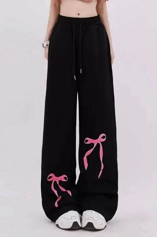 Black Pink Ribbon Wide Leg Sweatpants: